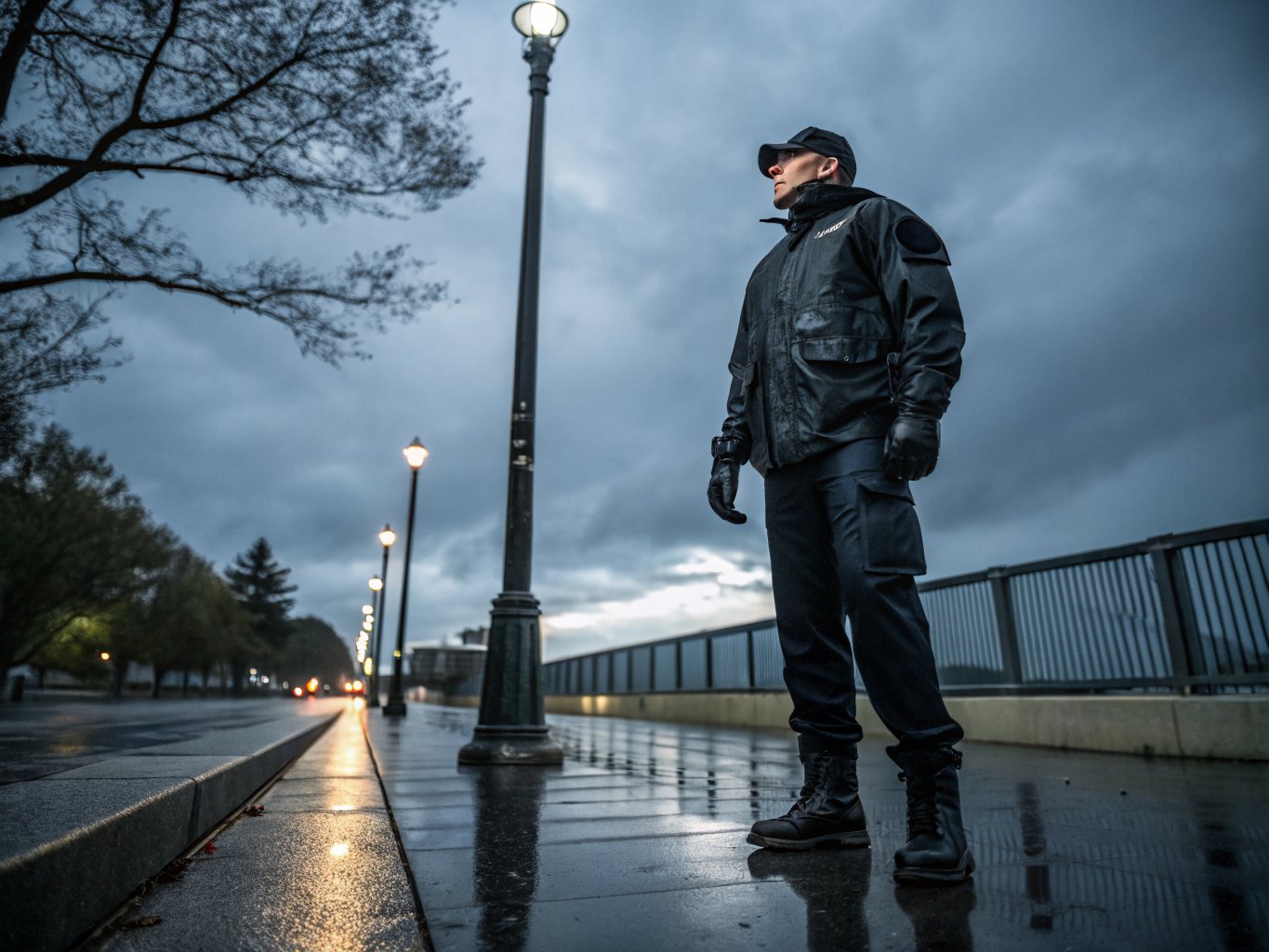 Professional security agent in suit standing in city environment