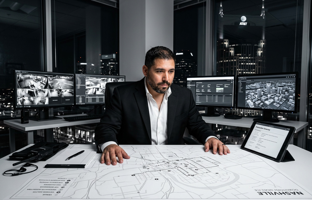 Professional security consultant reviewing site blueprints