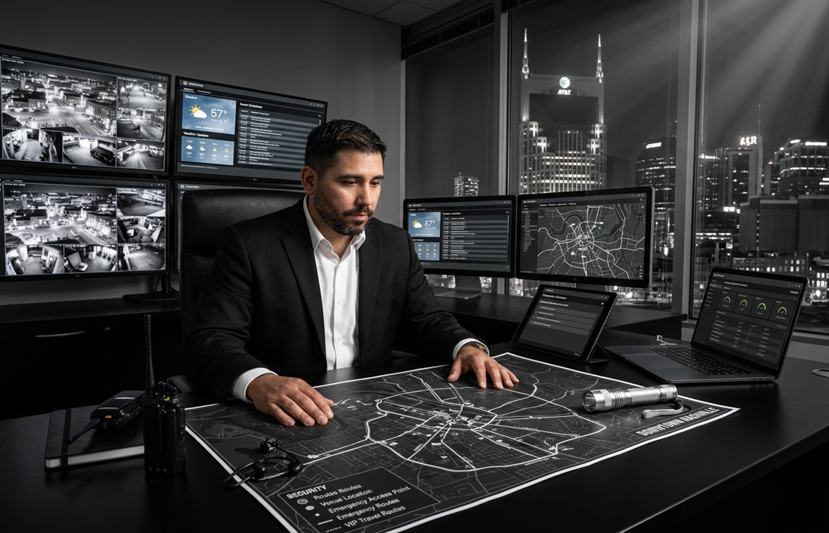 Strategic security planning session with detailed maps