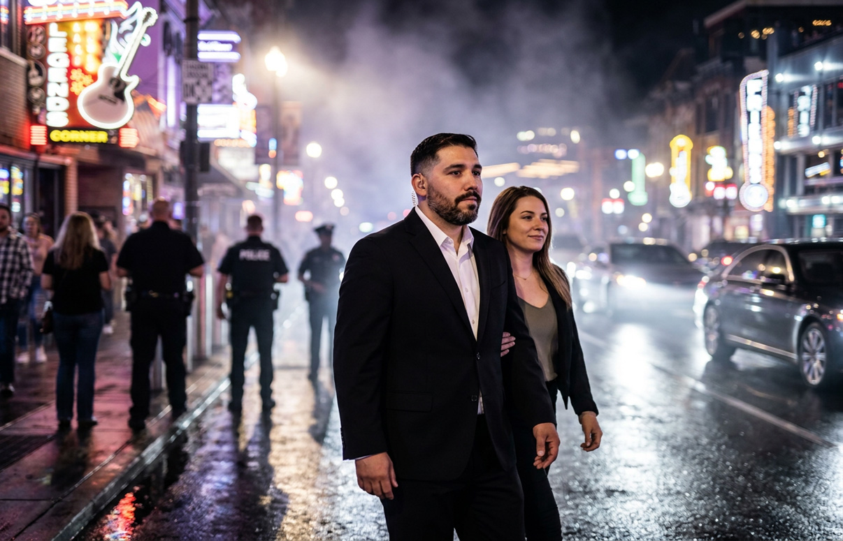 Professional security agent in suit standing in city environment