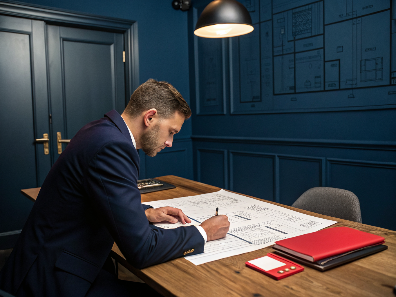 Professional security consultant reviewing site blueprints