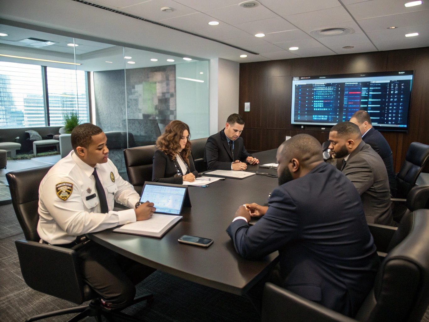 Strategic security planning session with detailed maps